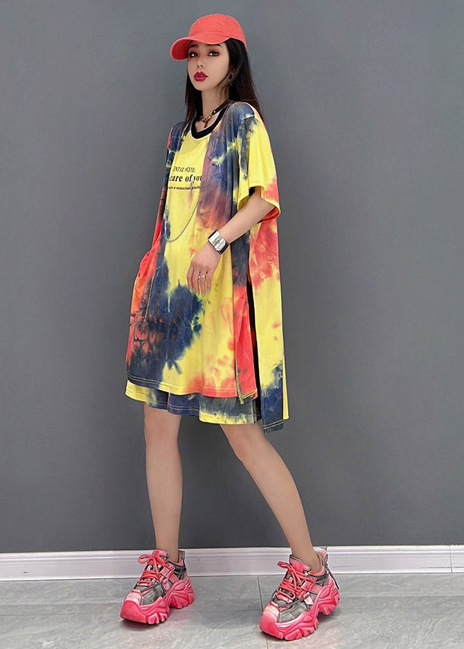 Loose Yellow O-neck Print Top and Shorts Silk Two Pieces Set Summer