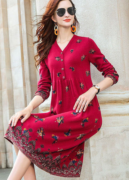 Red V Neck Print Knit Long Dresses Spring