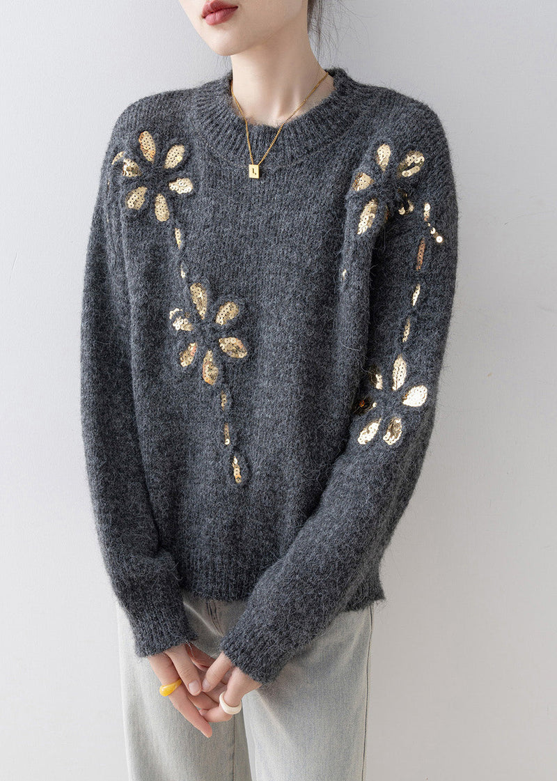 Fitted Grey O Neck Sequins Loose Knit Sweaters Spring