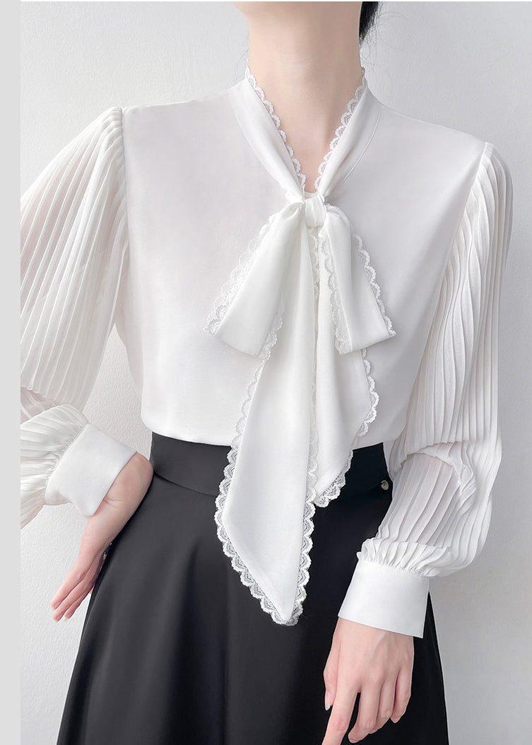 Natural White Bow Wrinkled Chiffon Tops Spring