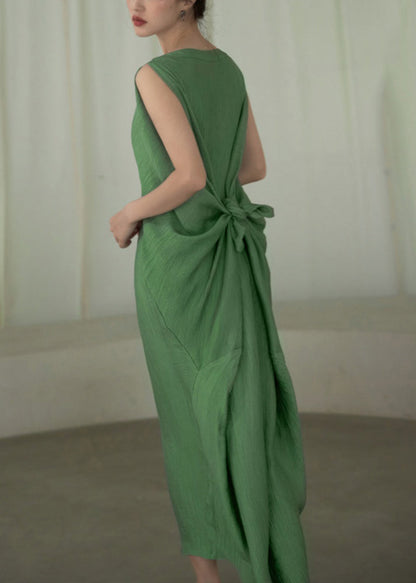 Green O Neck Cotton Long Dress Batwing Sleeve