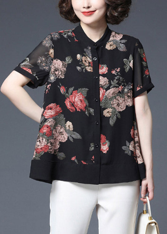 Black Stand Collar Button Wrinkled Print Chiffon Shirts Short Sleeve