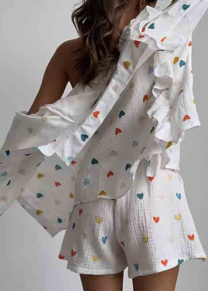 Italian White Ruffled Love Print Cotton Pajamas Two Pieces Set Summer