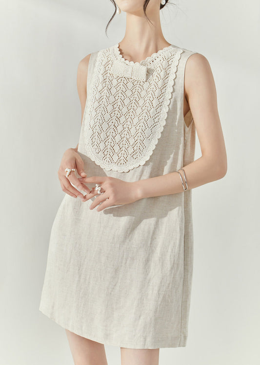 French White O-neck Hollow Out Party Mid Dress Summer