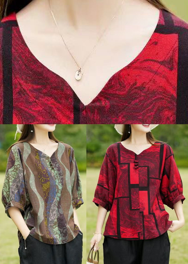Red Print Patchwork Top Summer