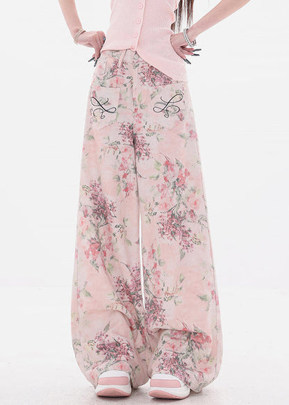Pink Print Pockets High Waist Denim Wide Leg Pants Fall