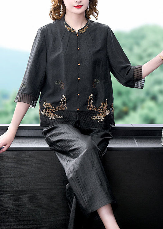Black Mandarin Collar Oriental Button Tulle Patchwork Silk Two Piece Set Clothing Summer