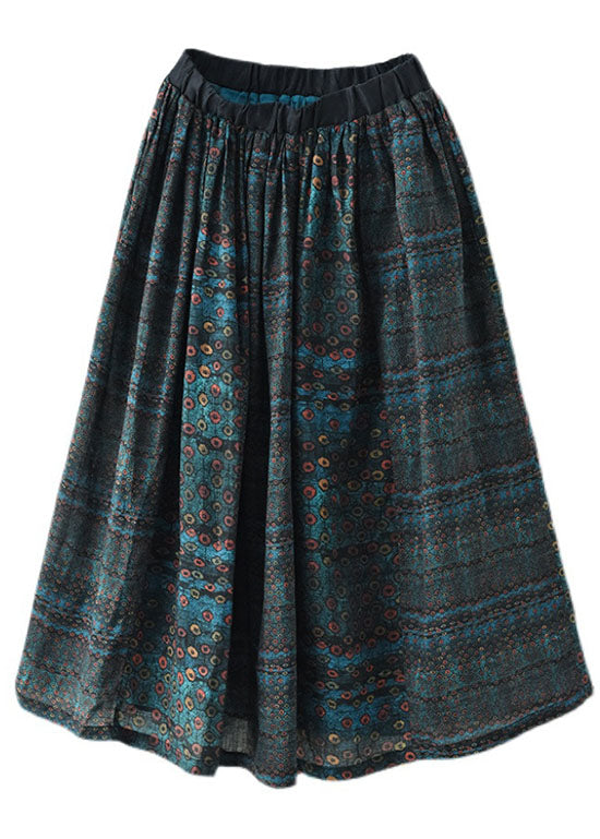 Blue Patchwork Print a Line Fall Ramie Skirts