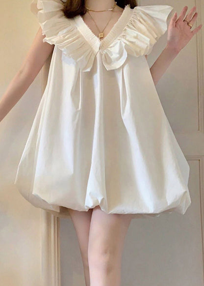 White V Neck Ruffled Mid Dress Short Sleeve