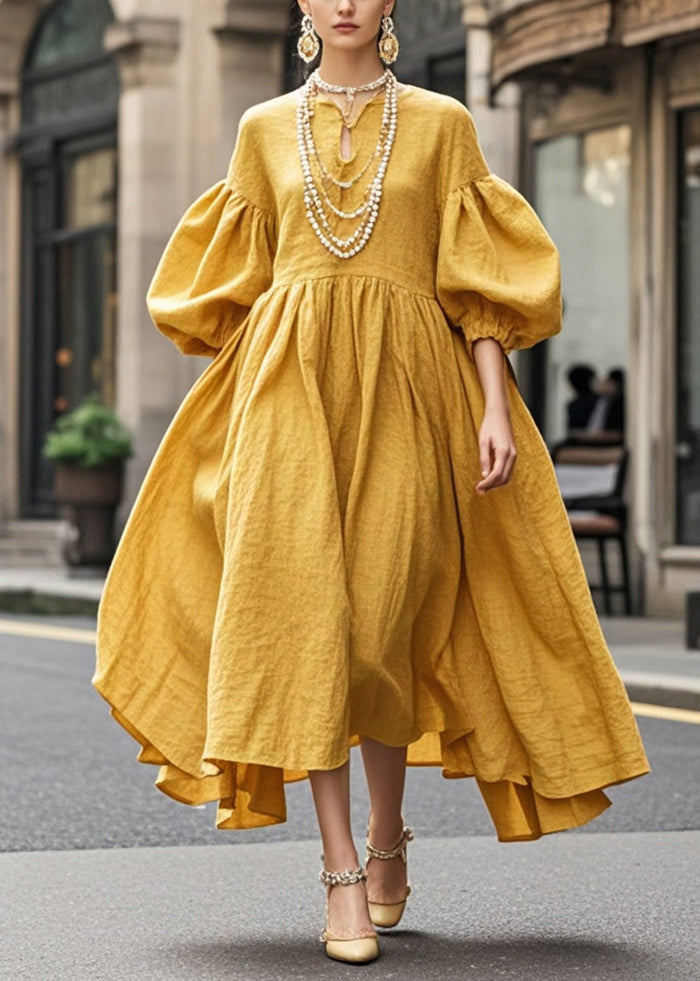 Yellow Exra Large Hem Cotton Maxi Dresses Lantern Sleeve Summer