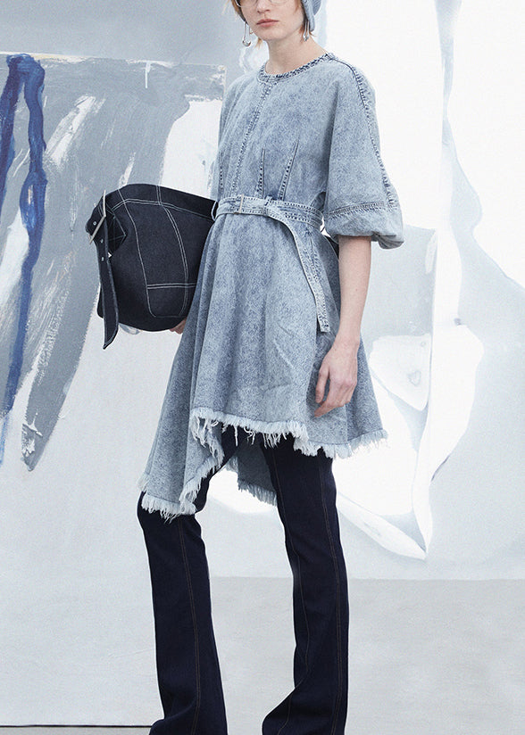 Light Blue Tassel Asymmetrical Patchwork Denim Dress Summer