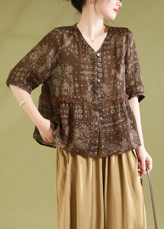 Coffee Print Ruffled Patchwork Linen Shirts Summer