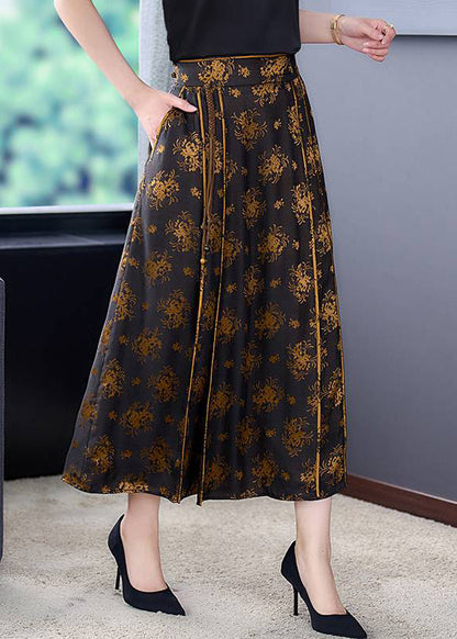 Print High Waist Tie Waist Pockets Silk a Line Skirt Fall