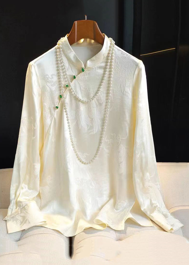 Jacquard Green Stand Collar Button Silk Shirt Long Sleeve