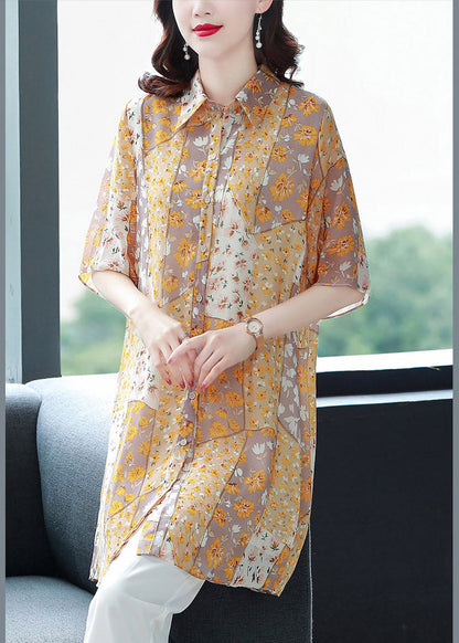 Orange Peter Pan Collar Print Button Chiffon Blouse Top Half Sleeve
