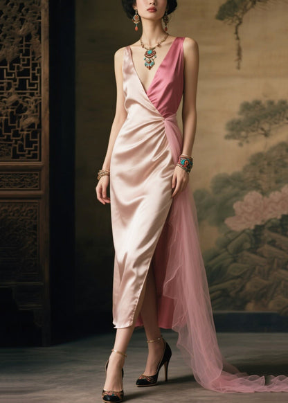 Nude V Neck Patchwork Side Open Silk Vacation Dress Summer
