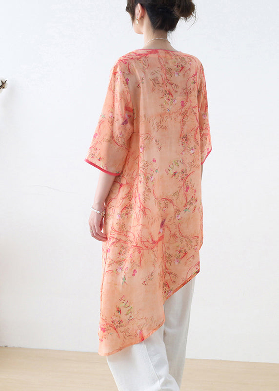 Orange Red O-neck Print Linen Shirt Top Half Sleeve