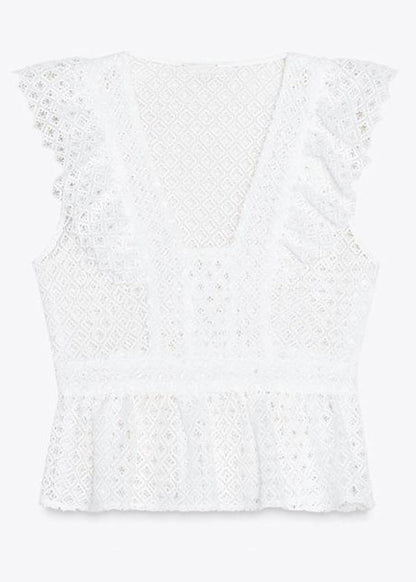 New White Embroidered Hollow Out Cotton Shirt Sleeveless