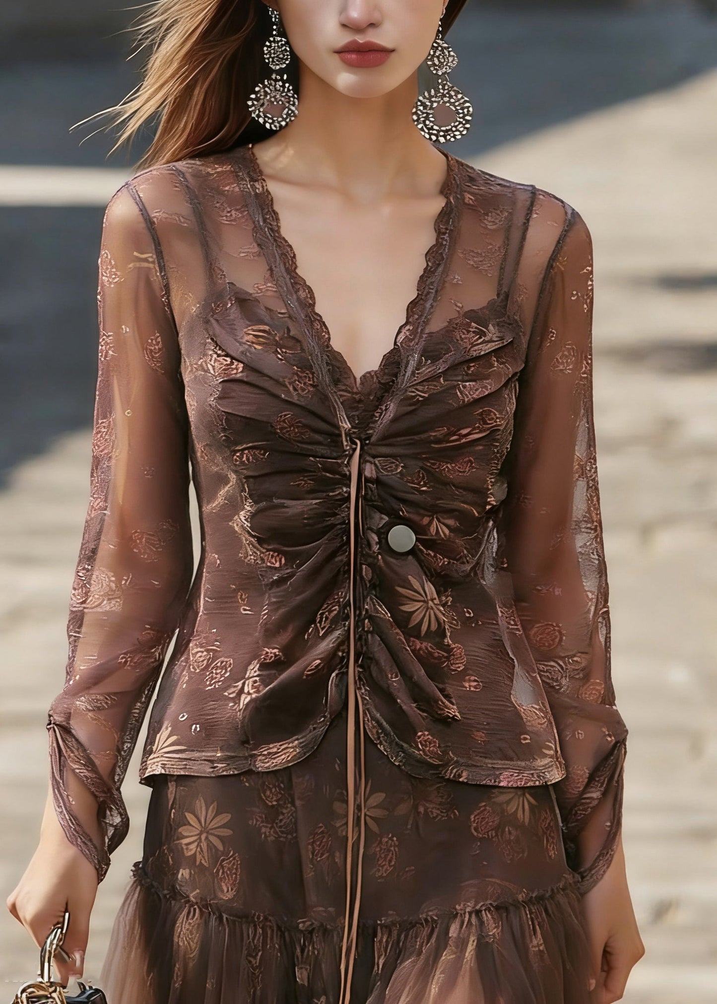 Coffee V Neck Cinched Tulle Shirt Spring