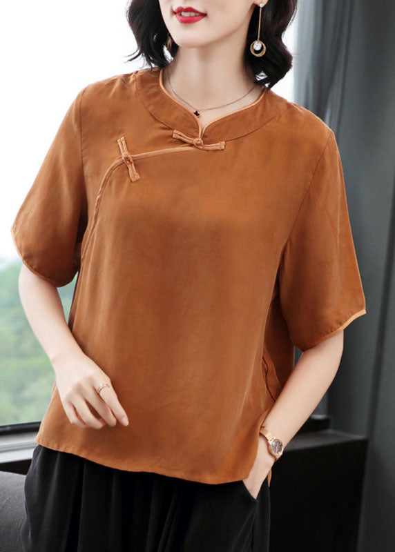 Rose O-neck Oriental Button Color Silk Shirt Top Short Sleeve