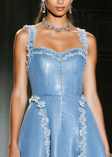 Handmade Blue Decorated Exra Large Hem Denim Sundress Summer