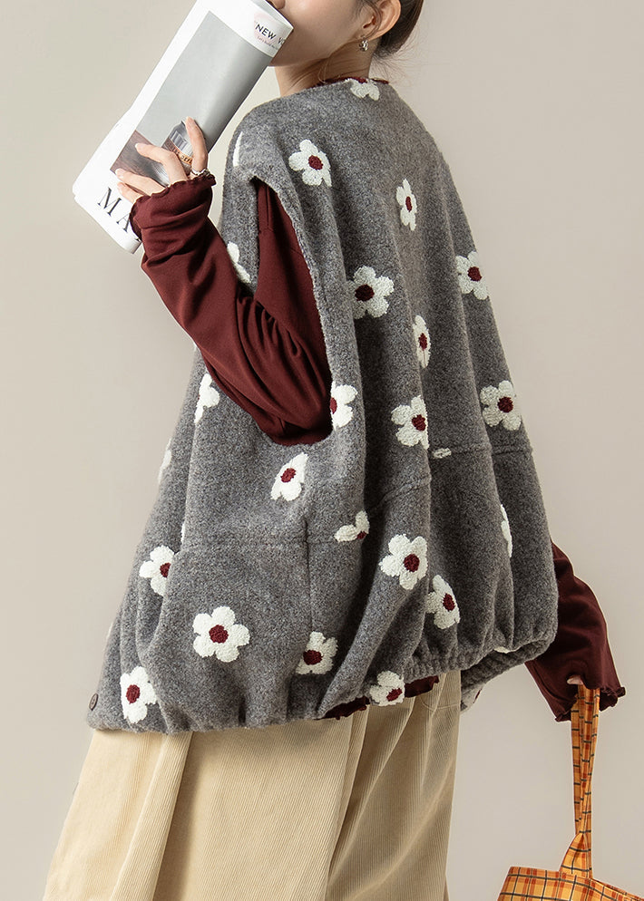 Grey Print Cotton Loose Vests Oversized Winter