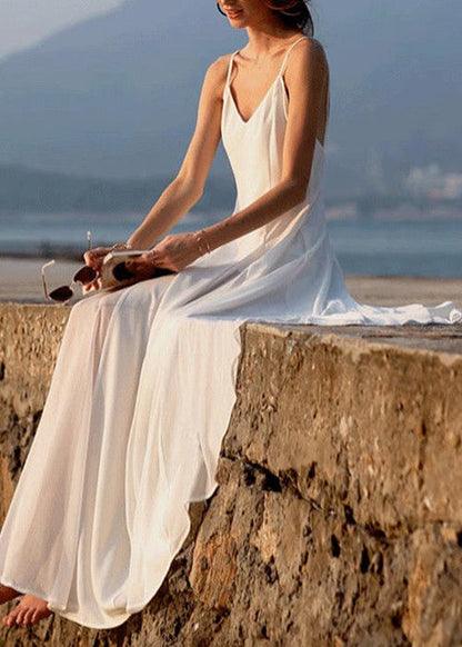 New White V Neck Chiffon Spaghetti Strap Dress Sleeveless