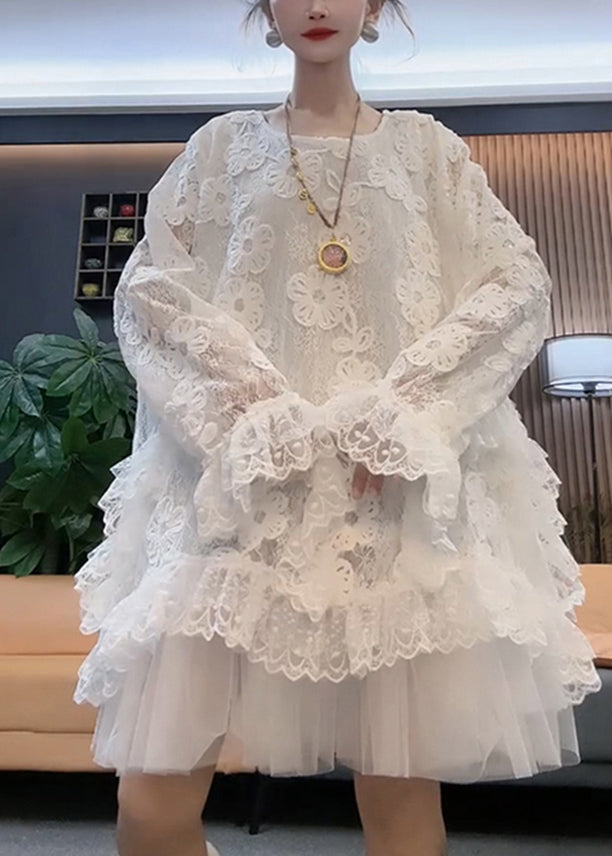 Style White O Neck Tulle Patchwork Lace Dresses Spring