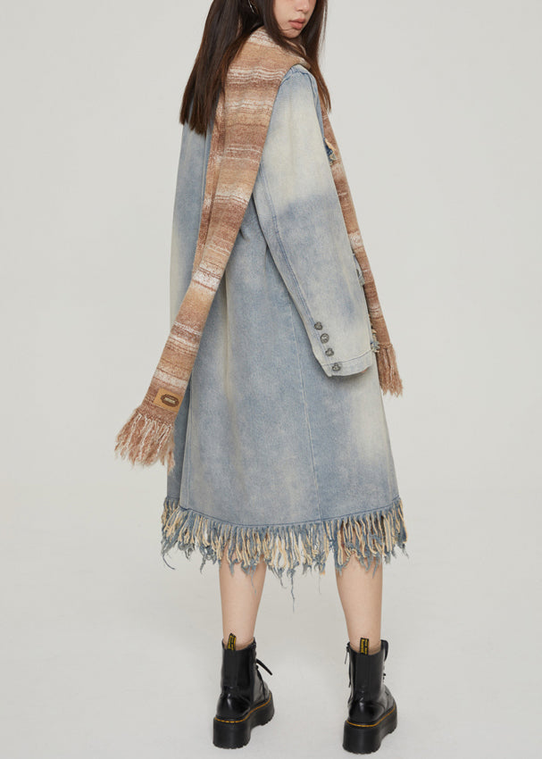 Blue Tasseled Pockets Patchwork Denim Long Coats Fall