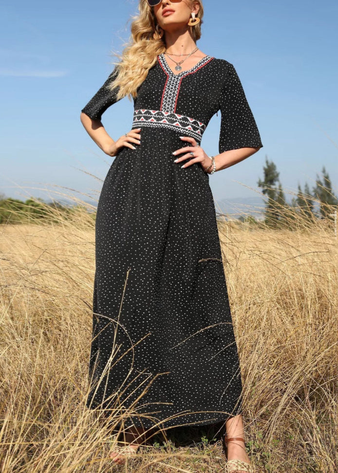 Black V Neck Print High Waist Cotton Long Dress Half Sleeve