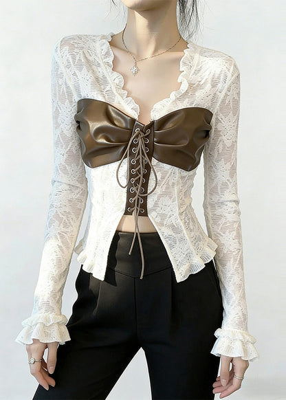 White Patchwork Cross Strap Lace Top Spring