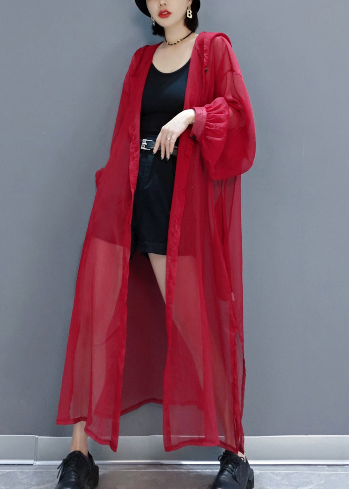 Loose Red Hooded Button Pockets Tulle Upf 50+ Coat Long Sleeve