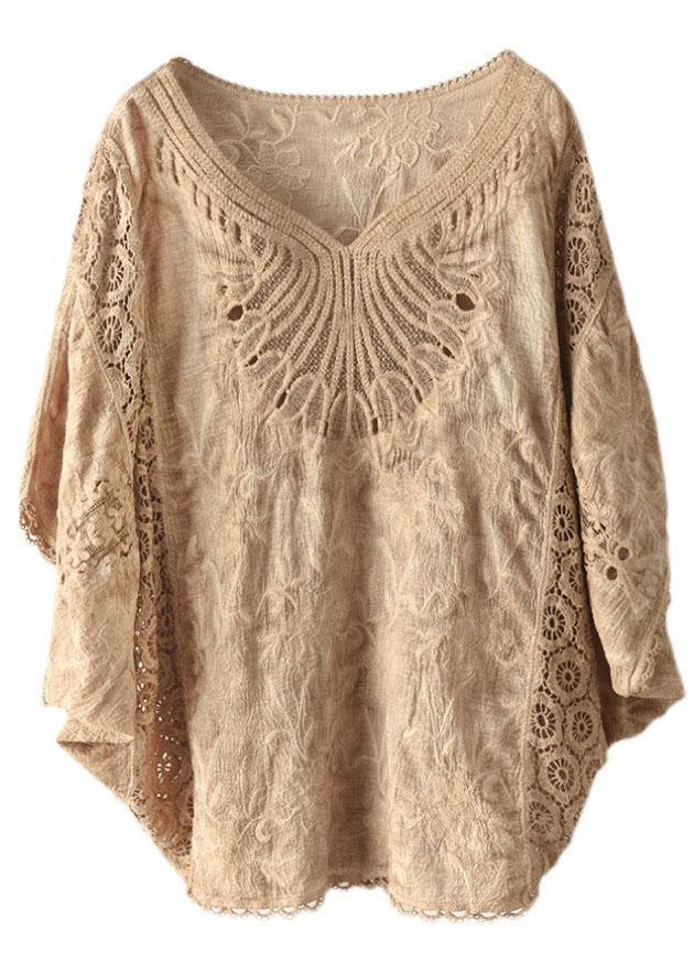 Khaki Cotton V Neck Embroideried Hollow Out Summer Blouses