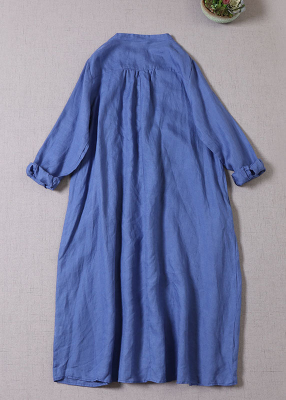 Blue Button Wrinkled Linen Dresses Long Sleeve