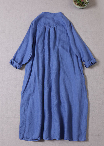Blue Button Wrinkled Linen Dresses Long Sleeve