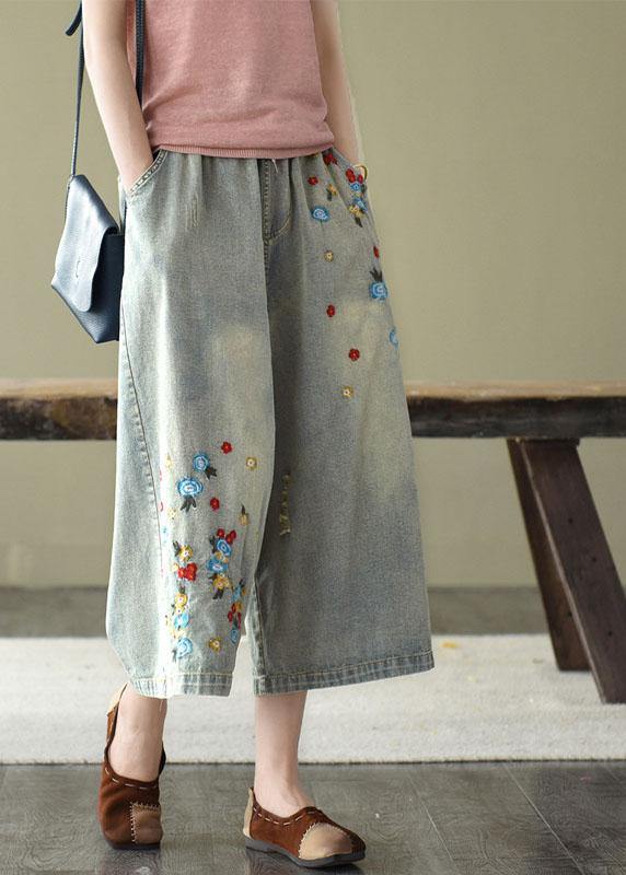 Comfy Dark Color Embroideried Hole Wide Leg Denim Pants