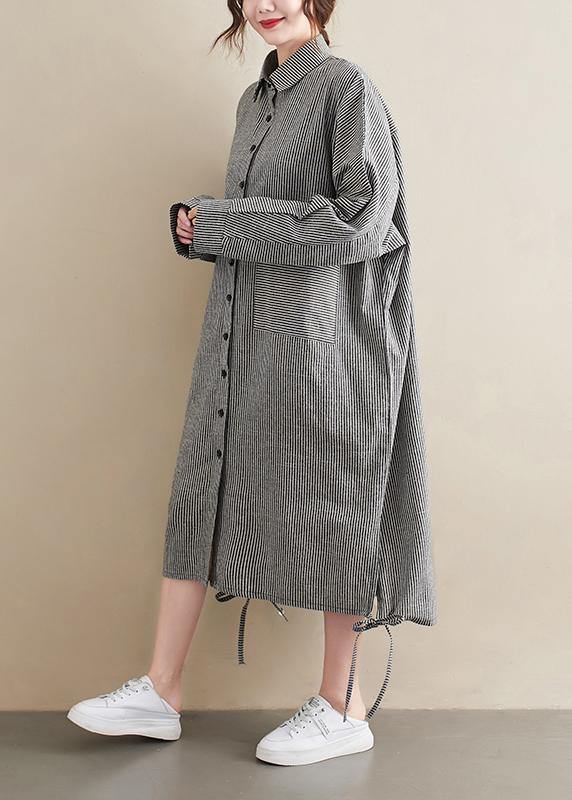 Loose Grey Striped Turn-down Colla Maxi Spring Cotton Dress