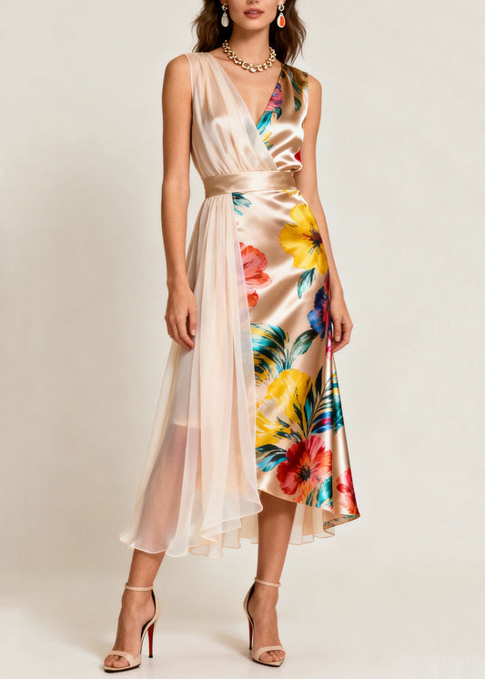 Champagne Color Asymmetrical Print Tulle Patchwork Dress Sleeveless