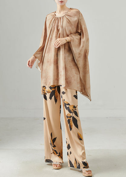 Modern Khaki Oversized Tie Dye Two Piece Set Clothing Batwing Sleeve
