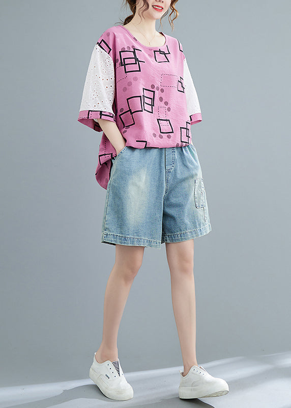 Modern Pink O-neck Hollow Out Print Patchwork Tank Tops Short Sleeve