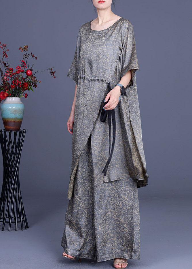 Simple Khaki Print Silk Tie Waist Wide Leg Two Pieces Set