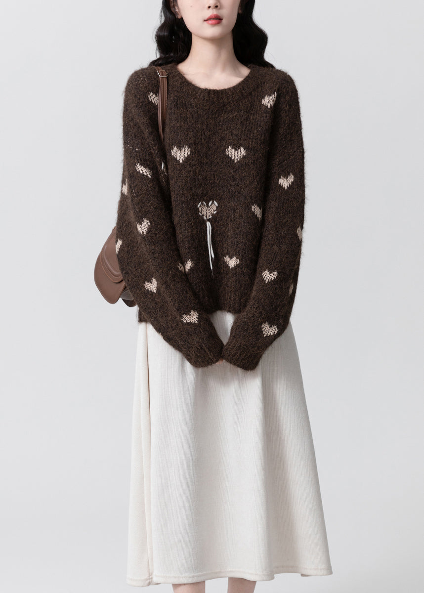 Coffee O Neck Jacquard Thick Knit Sweaters Winter