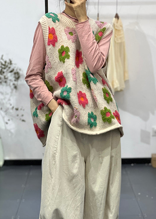 New Apricot O Neck Jacquard Cotton Knit Vest Sleeveless