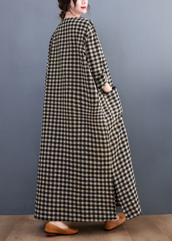 V Neck Plaid Pockets Cotton Long Dress Summer