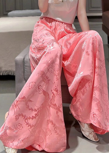 Pink Pockets Jacquard Silk High Waist Wide Leg Pants Fall