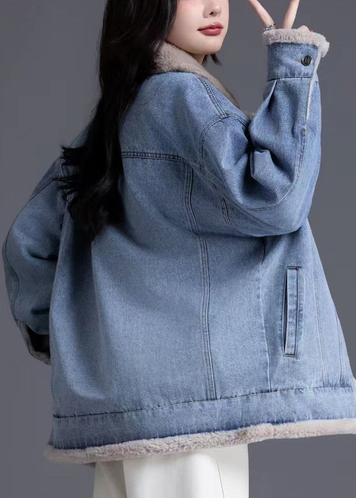 Denim Blue Warm Fleece Jacket Oversized Thick Winter