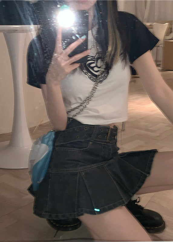 Black Grey High Waist Sashes Pockets Patchwork Cotton Denim Pleated Skirts Summer
