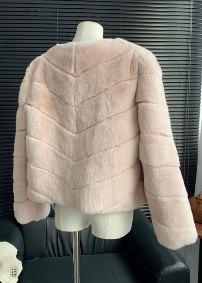 Style Pink V Neck Striped Leather and Fur Coats Winter