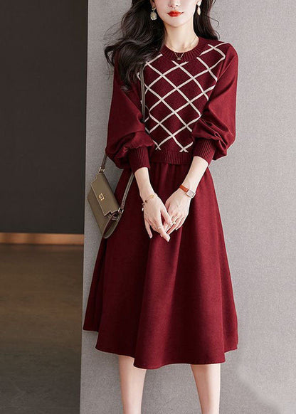 Red O Neck False Two Patchwork Wool Dresses Spring