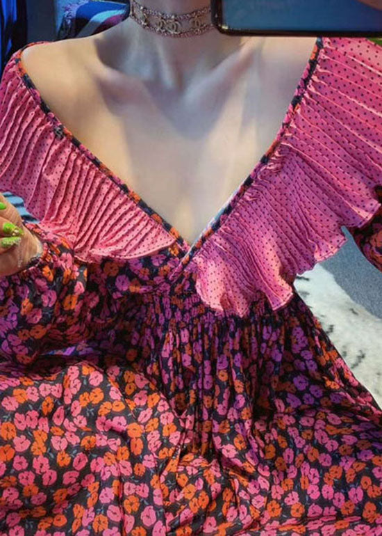 Red Ruffles V Neck Cinched Print Chiffon Long Dress Spring